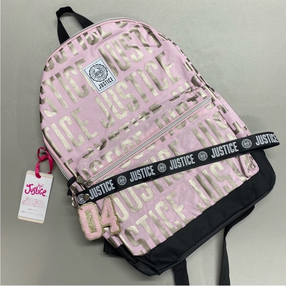 Justice Backpack Girls Metallic Pink Monogram Logo Free Lanyard Front Po…